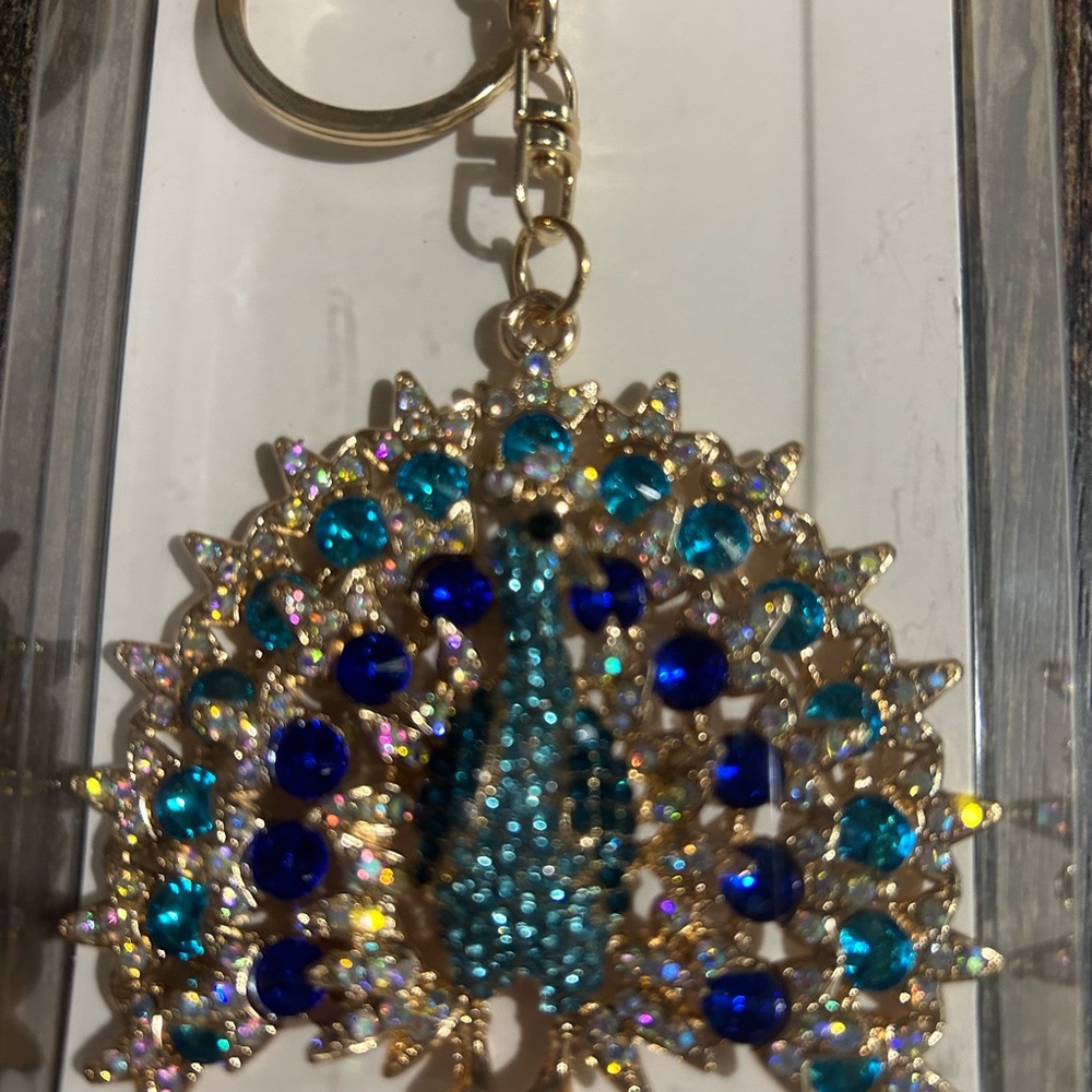 Elegant Blue and Gold Peacock Purse Charm or Keychain Much Prettier Than Looks
